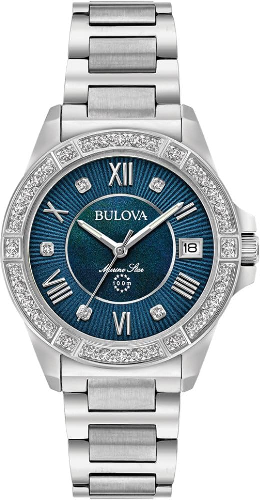 Bulova Ladies Marine Star Diamond Stainless Steel 3-Hand Quartz Watch, Blue Mother-of-Pearl Dial and Sapphire Crystal and Sapphire Crystal Style: 96R
Bulova Ladies Marine Star Diamond Stainless Steel 3-Hand Quartz Watch, Blue Mother-of-Pearl Dial and Sapphire Crystal and Sapphire Crystal Style: 96R