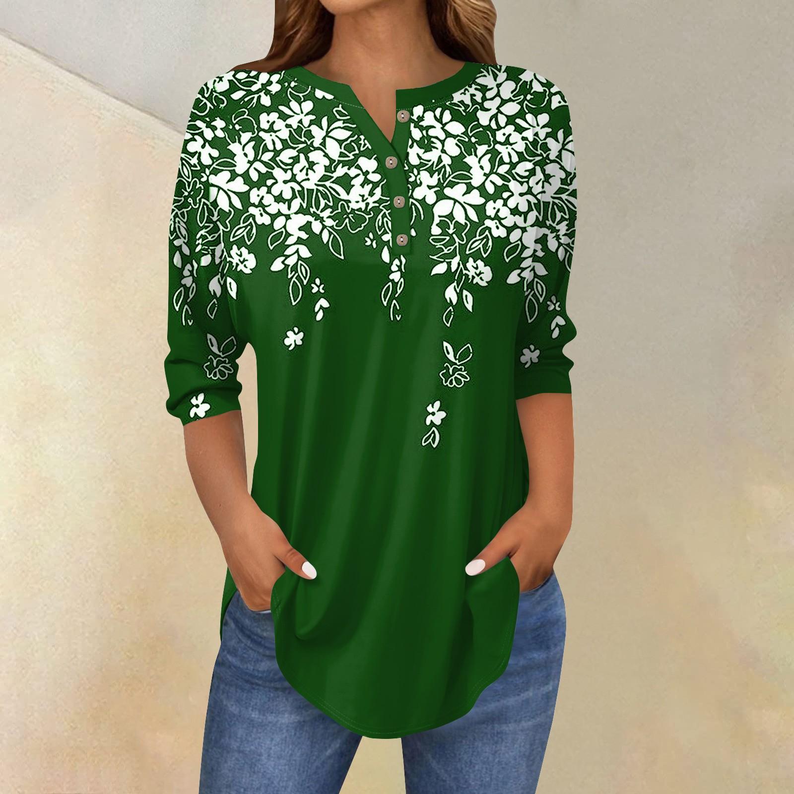 Жіночі топи з рукавом 3/4 Літні футболки з квітковим принтом V-подібним вирізом Повсякденні базові футболки на ґудзиках Топ-туніки XL
Жіночі топи з рукавом 3/4 Літні футболки з квітковим принтом V-подібним вирізом Повсякденні базові футболки на ґудзиках Топ-туніки XL