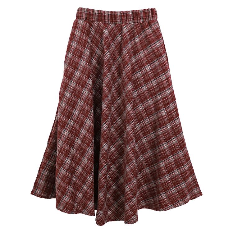 Feiyuan Красная клетчатая миди-юбка с завышенной талией и расклешенным подолом для женщин - Универсальная А-силуэтная юбка на осень/зиму Large