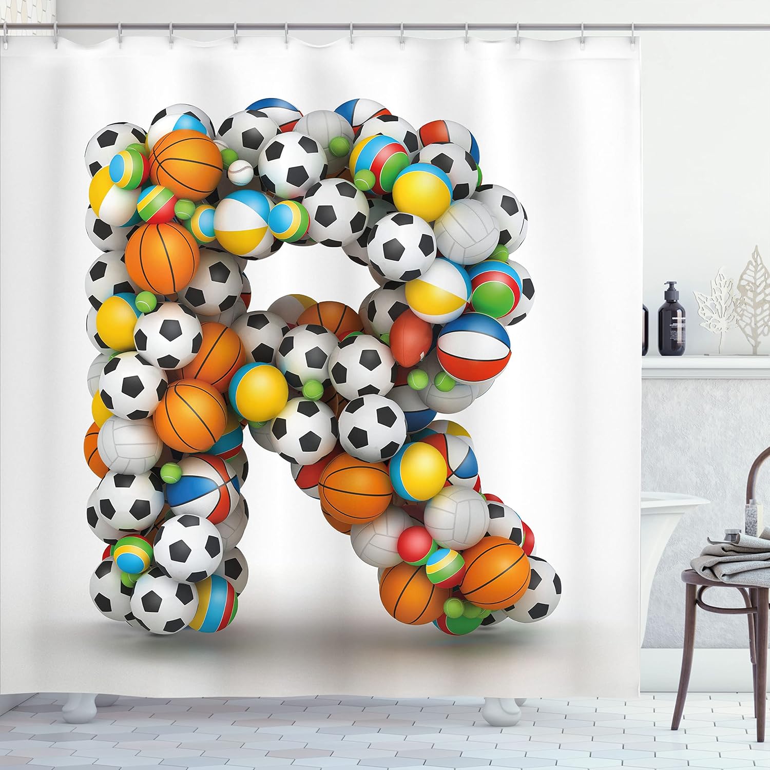 Sports Ball Alphabet R Shower Curtain Colorful Balls Football Basketball Design Kids Room Decor Playful Artistic Bath Linen Item W60H190(CM)-1 Pcs
Sports Ball Alphabet R Shower Curtain Colorful Balls Football Basketball Design Kids Room Decor Playful Artistic Bath Linen Item W60H190(CM)-1 Pcs