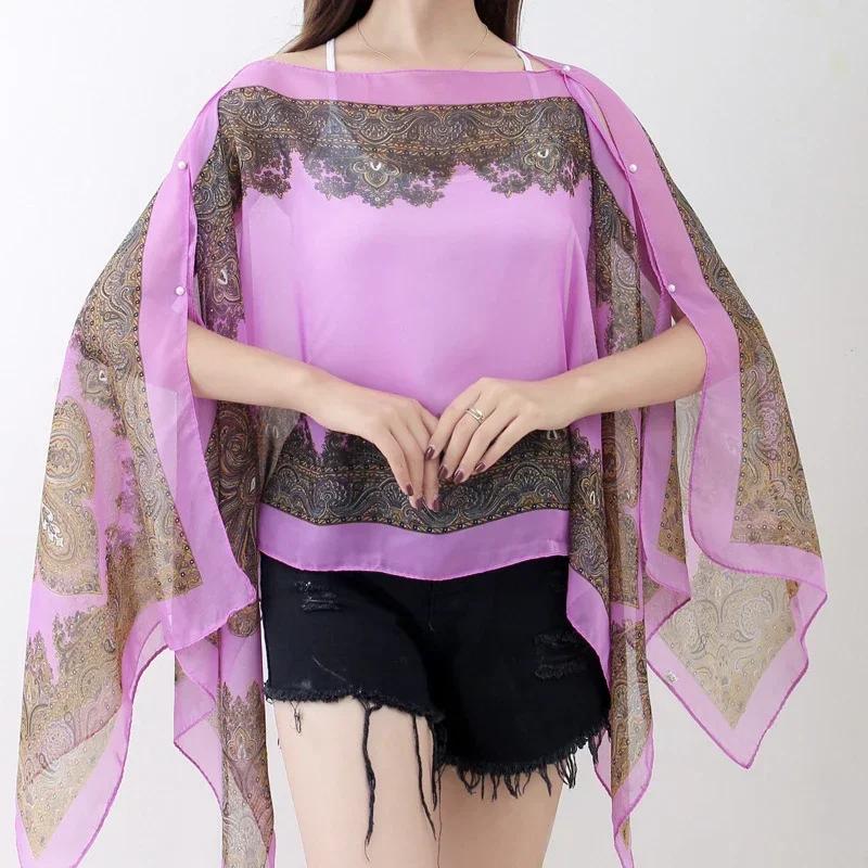 Пляжная шаль от солнца, летняя шифоновая кашне-шарф для женщин, накидка от солнца на открытом воздухе, мягкая бандана, фуляр для женщин, многоцветная фиолетовый