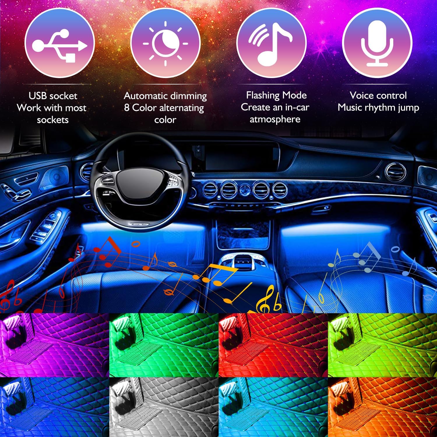 Car LED Strip Lights Christmas, 4Pcs 48 LED Interior Lights, Multicolor Music Car Strip Light Under Dash Lighting Kit with Sound Active Function and
Car LED Strip Lights Christmas, 4Pcs 48 LED Interior Lights, Multicolor Music Car Strip Light Under Dash Lighting Kit with Sound Active Function and