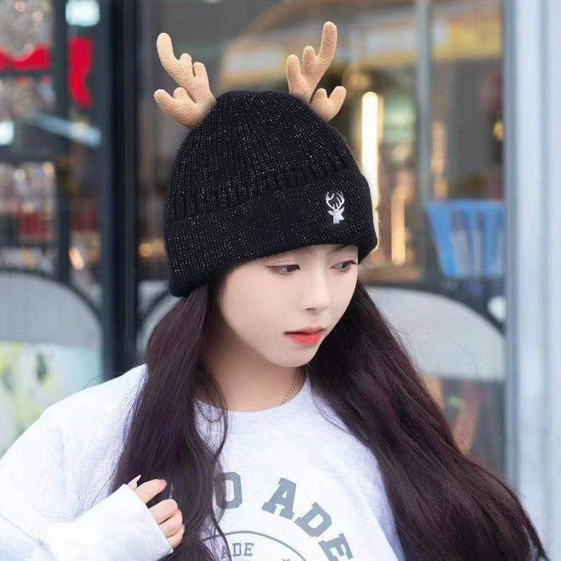 Рождественские милые рожки, красная шапка для женщин, зимний теплый шарф, утолщенная шерстяная шапка, защита от холода, защита ушей, вязаная шапка M(56-58cm)