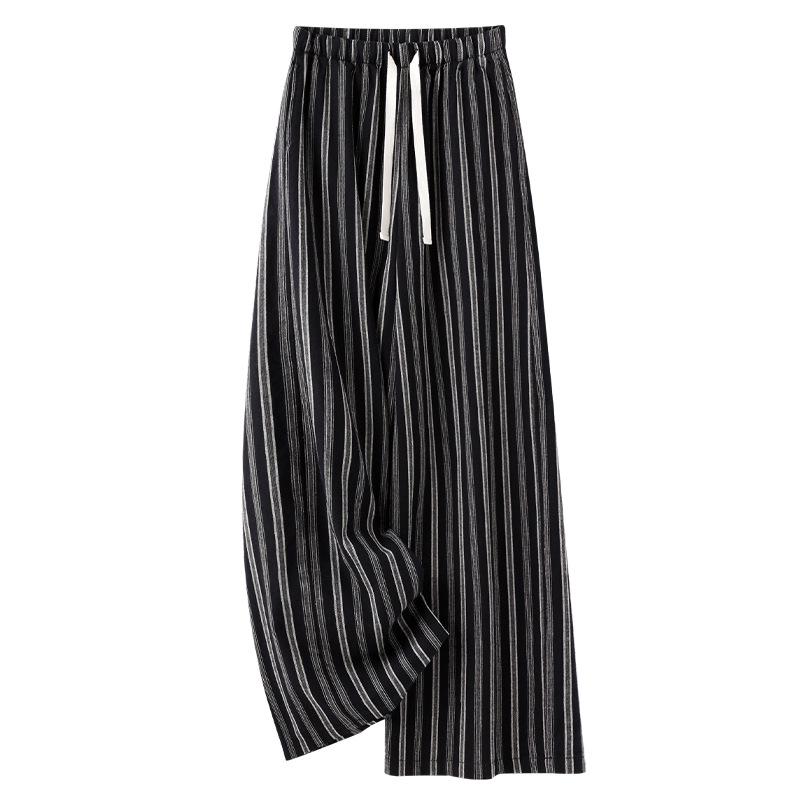 Женские летние 2025 полосатые хлопково-льняные брюки с широкими штанинами - стройнящие, свободные и расслабленного кроя M чёрный
