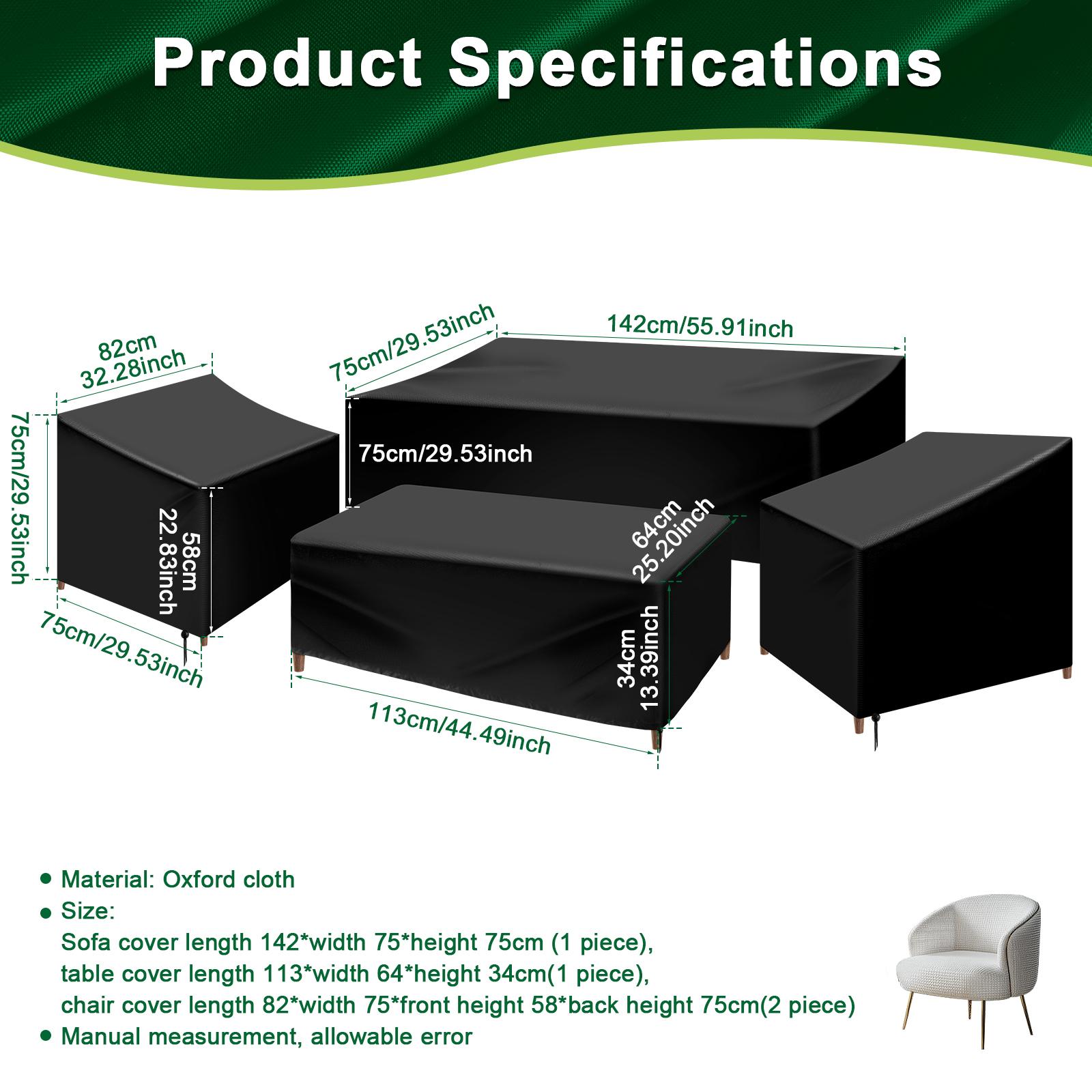 4Pcs Patio Furniture Cover Set Oxford Cloth Waterproof Chair Cover with Drawstring Outdoor Dustproof Sofa Table Protector Cover
4Pcs Patio Furniture Cover Set Oxford Cloth Waterproof Chair Cover with Drawstring Outdoor Dustproof Sofa Table Protector Cover