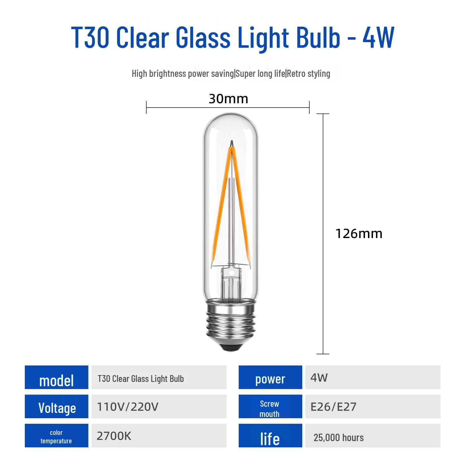 Retro T10 LED Filament Tube Bulb, Energy-Saving, T30 Home & Hotel Decor Light
Retro T10 LED Filament Tube Bulb, Energy-Saving, T30 Home & Hotel Decor Light