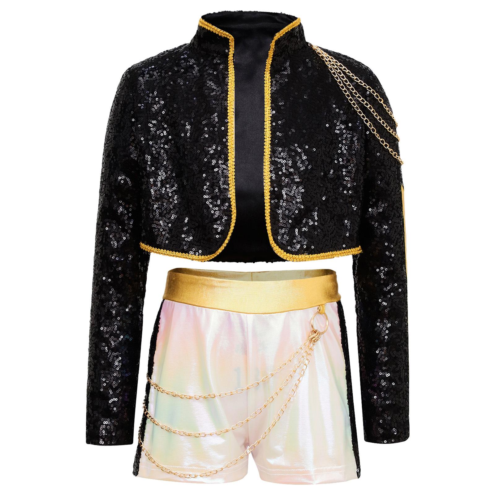 Костюм співачки-демона для дівчинки з паєтками, блискучий верхній одяг з довгим рукавом, золотий ланцюжок на талію, шорти 3-4 Years
Костюм співачки-демона для дівчинки з паєтками, блискучий верхній одяг з довгим рукавом, золотий ланцюжок на талію, шорти 3-4 Years