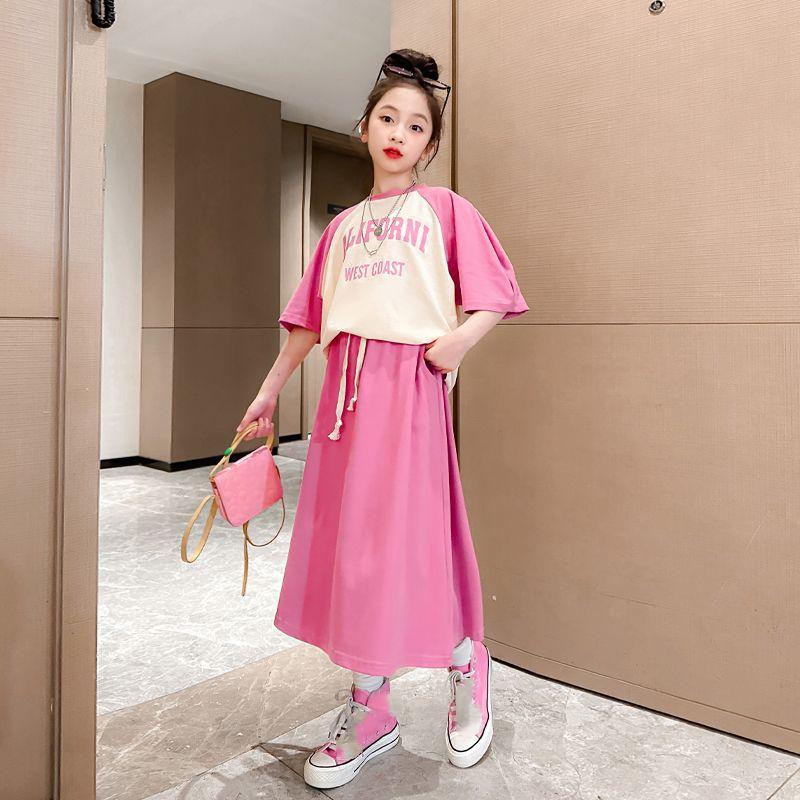 Повседневный школьный костюм для девочек, летняя спортивная одежда с короткими рукавами + юбка, комплект из 2 предметов 130 розовый