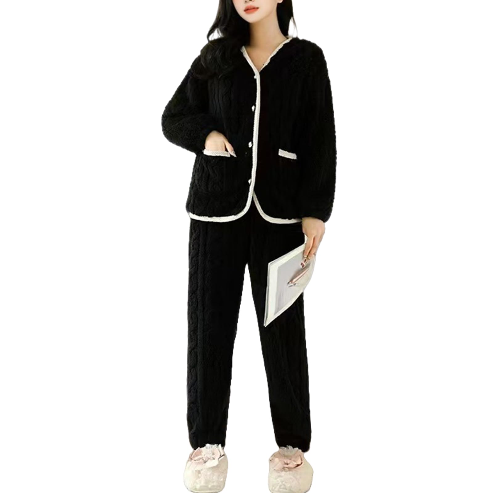 MERONOCALLALY Пушистая пижама Длинная Открытая Свободная Средней длины Милая для Осени и Зимы Женский Комплект, Рукава, Перед, Посадка, Толщина, Брюки, чёрный