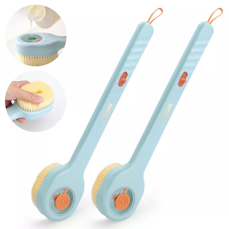 2 шт. щетка для душа с длинной ручкой, мягкая щетина, отшелушивание, удобная щетка для ванны с дозатором мыла, массажная щетка для ванной комнаты, дома синий