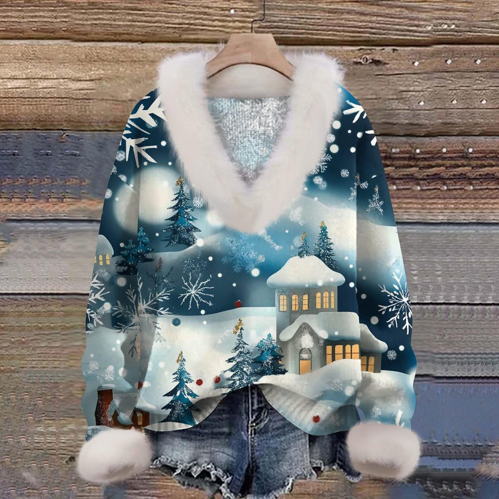 Женский пуловер с длинными рукавами и рождественским принтом снежинок, плюшевым воротником и V-образным вырезом XL
Женский пуловер с длинными рукавами и рождественским принтом снежинок, плюшевым воротником и V-образным вырезом XL