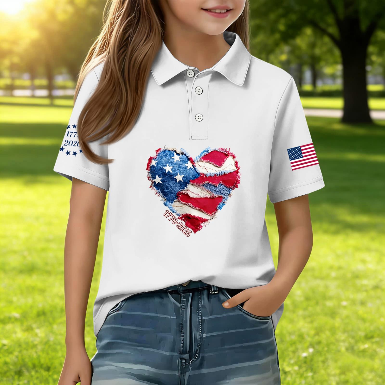 Kids Casual Short Sleeve Polo Shirt with Independence Day Flag Print Heart Design Boys Girls Summer Top Comfortable Fit 140
Kids Casual Short Sleeve Polo Shirt with Independence Day Flag Print Heart Design Boys Girls Summer Top Comfortable Fit 140