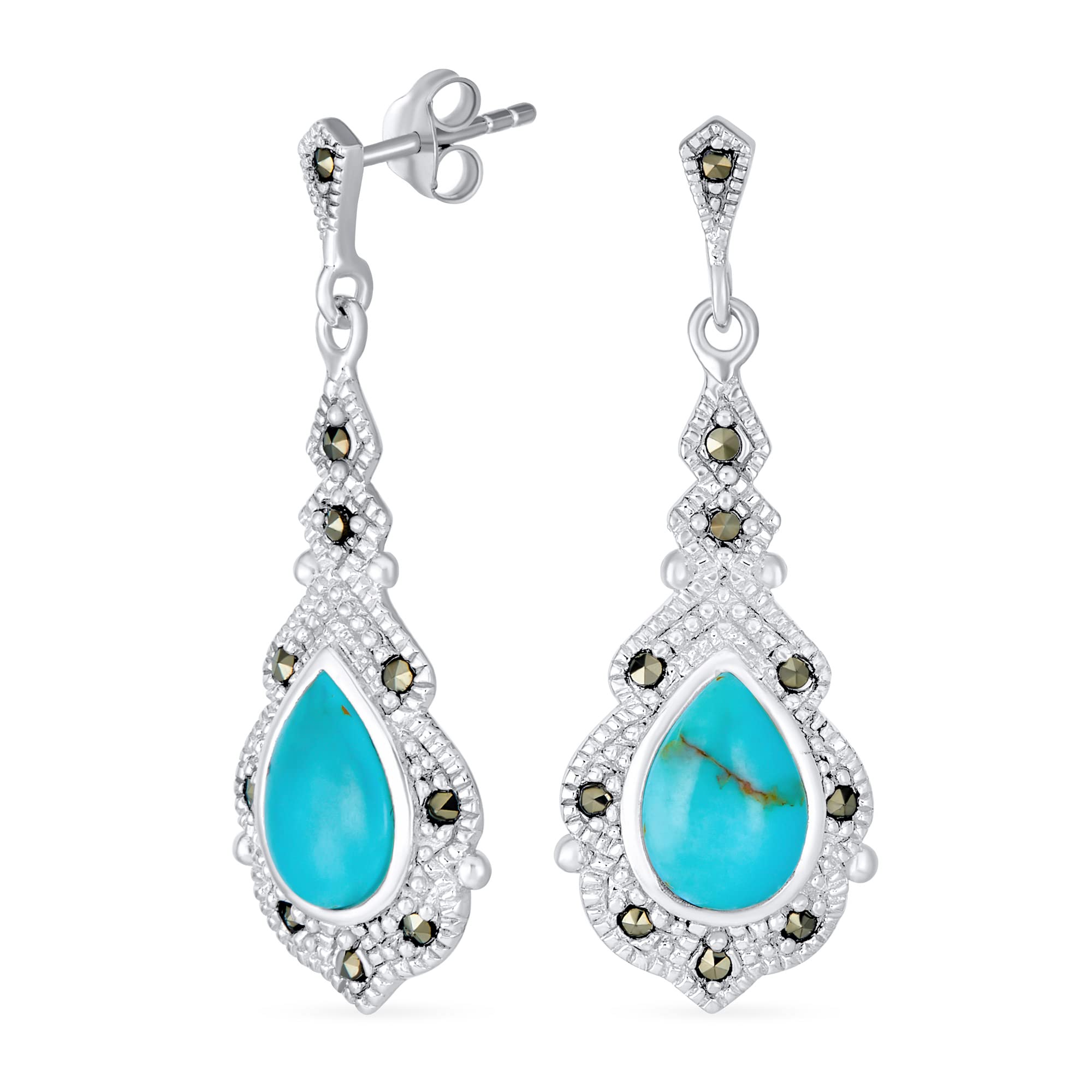 Vintage Western Style Marcasite Accent Teardrop Jewelry Blue Turquoise Dangle Chandelier Earrings For Women Sterling Silver December Birthstone .925
Vintage Western Style Marcasite Accent Teardrop Jewelry Blue Turquoise Dangle Chandelier Earrings For Women Sterling Silver December Birthstone .925
