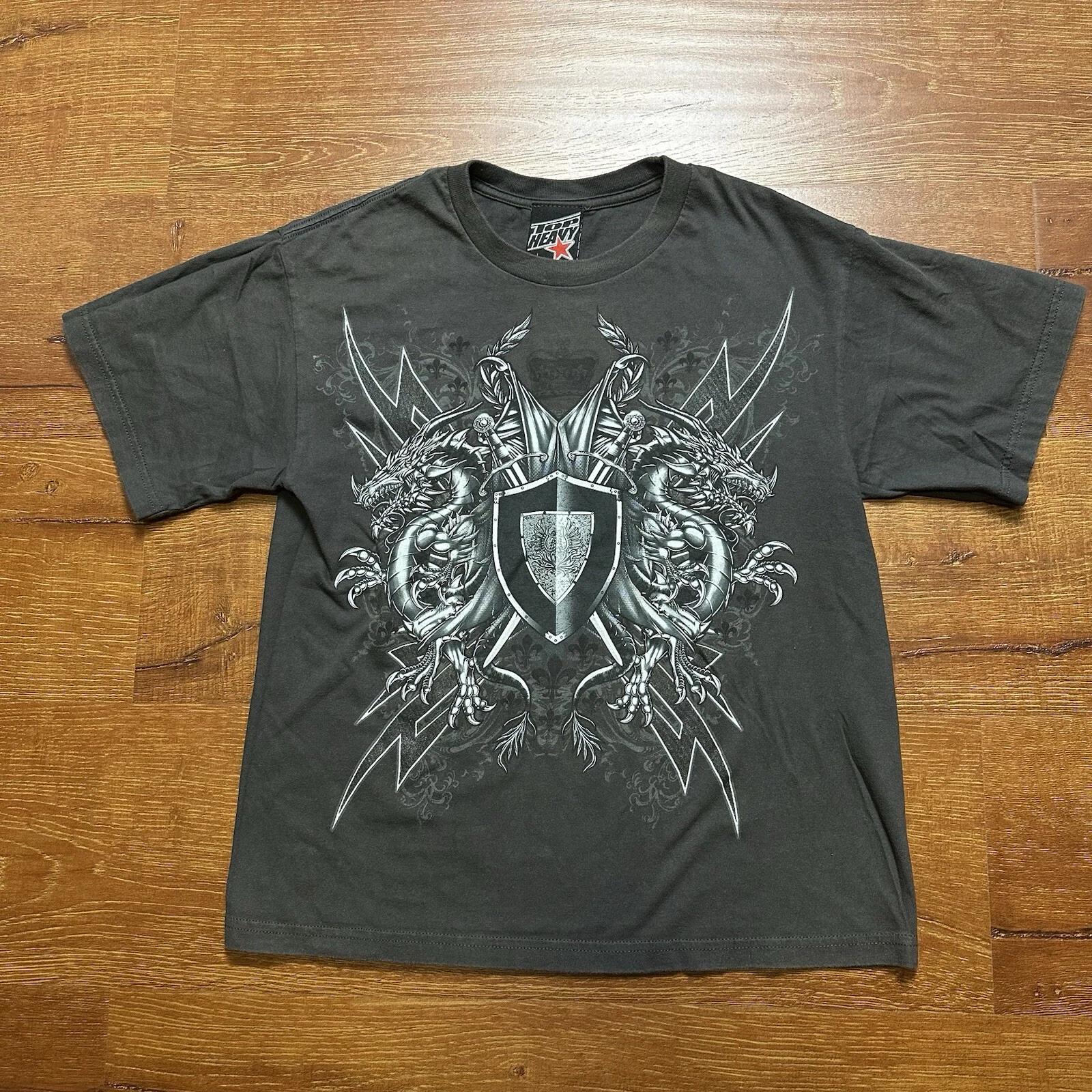 Vintage Top Heavy T Shirt Youth L Gray Short Sleeve Dragon Shield Knight Y2K Alt M
Vintage Top Heavy T Shirt Youth L Gray Short Sleeve Dragon Shield Knight Y2K Alt M