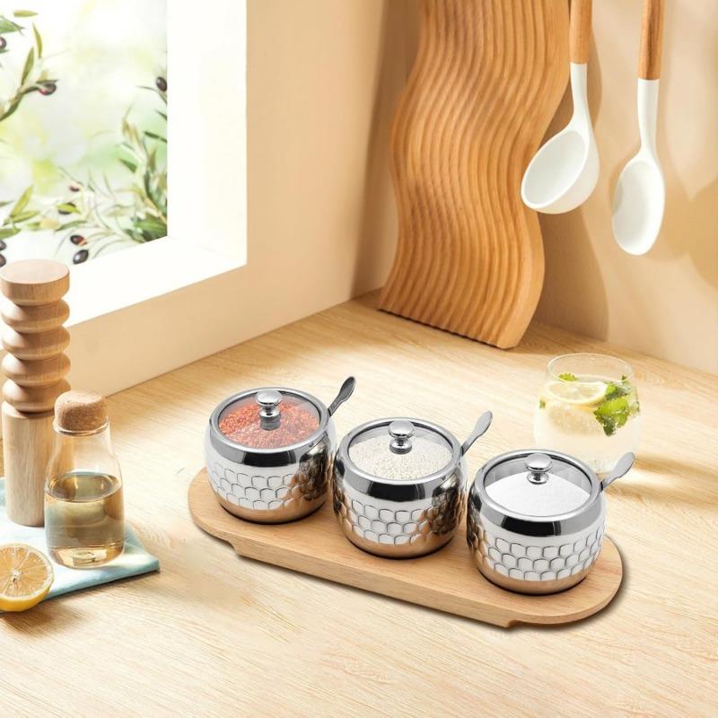 3 pcs Stainless Steel Seasoning Condiment Jars, Revolving Sugar Bowl Coffee Pot Rotating Spice Jar Set with Rack Spice Container with Lid and Spoon 10PCS
3 pcs Stainless Steel Seasoning Condiment Jars, Revolving Sugar Bowl Coffee Pot Rotating Spice Jar Set with Rack Spice Container with Lid and Spoon 10PCS