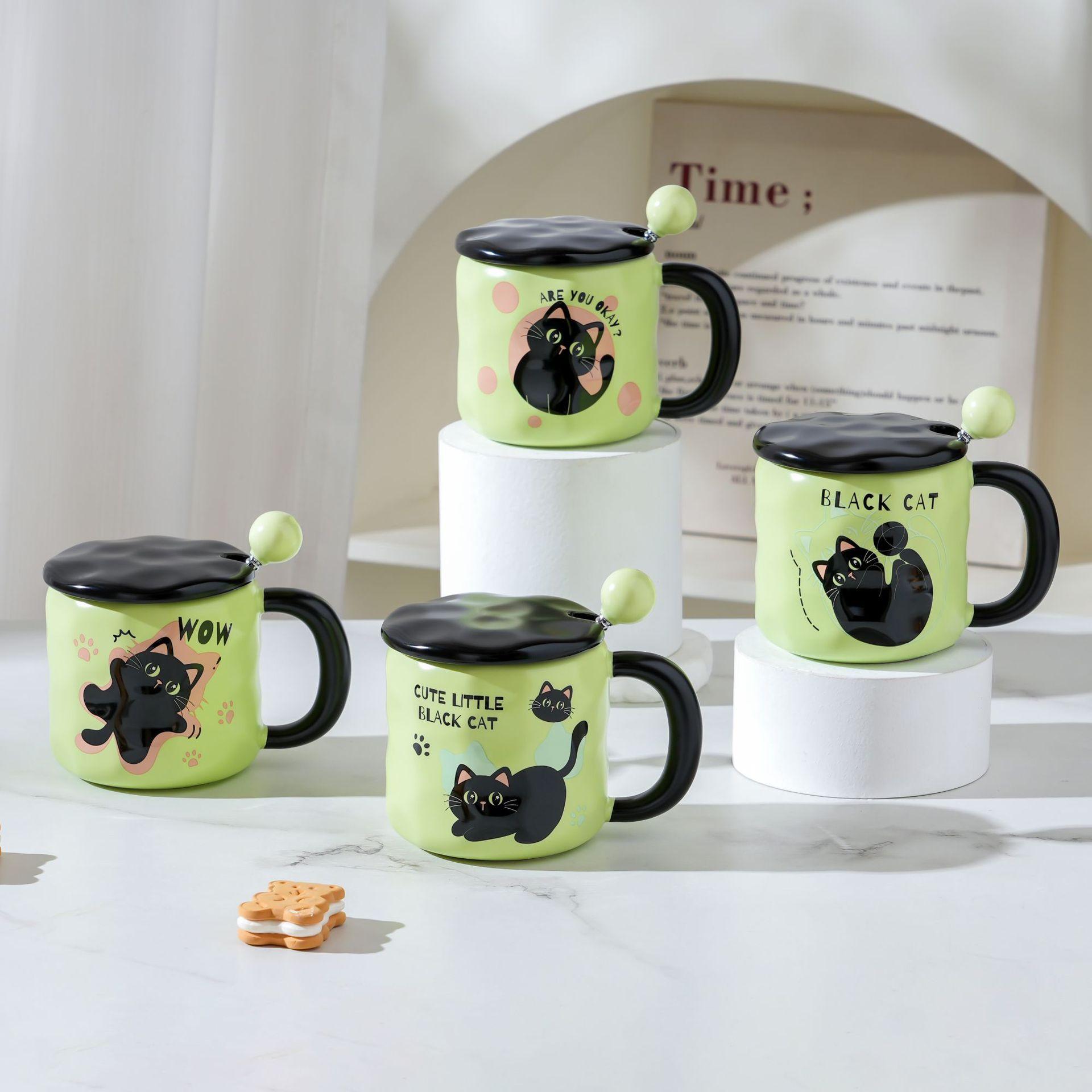 Черная кошка с крышкой Ложка Керамическая чашка Мультяшная большая емкость для воды Стакан для питьевой воды в офисе Простая бытовая чашка Пара Чашек 400ML