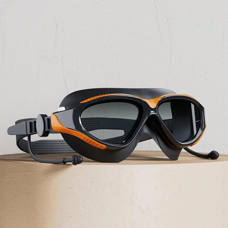 Оптические очки для плавания с затычками для ушей. Очки для плавания для взрослых. Профессиональные противотуманные очки HD для плавания. Водонепроницаемые регулируемые очки для плавания с большой оправой. чёрный