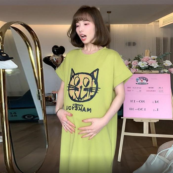 Летнее платье для беременных в корейском стиле - С коротким рукавом, Свободного кроя, Большого размера, Платье-футболка длиной миди M