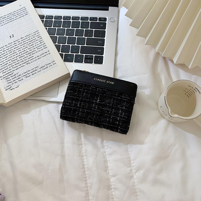 Женский кошелек ins женские короткие модели, маленький ароматный стиль, большая вместимость, для студенток, простой однотонный чёрный