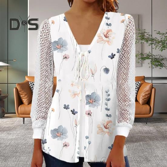 Women Fall T shirt Hollow Out Long Sleeves V Neck Flower Print Soft Lace Up Lace Patchwork A line Loose Cardigan
Women Fall T shirt Hollow Out Long Sleeves V Neck Flower Print Soft Lace Up Lace Patchwork A line Loose Cardigan