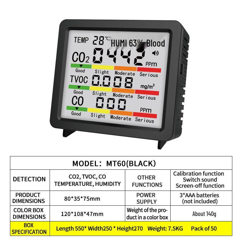 Large Screen Air Quality Monitor with High-Precision CO2, TVOC, CO, Temperature, and Humidity Detection
Large Screen Air Quality Monitor with High-Precision CO2, TVOC, CO, Temperature, and Humidity Detection