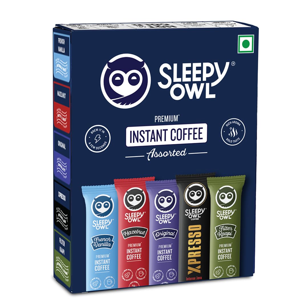 Sleepy Owl Pack of 10 Premium Instant Coffee Sachets | 2g Each - Flavoured Coffee Pouch | 5 Delicious Flavours - Original/Hazelnut/French Vanilla
Sleepy Owl Pack of 10 Premium Instant Coffee Sachets | 2g Each - Flavoured Coffee Pouch | 5 Delicious Flavours - Original/Hazelnut/French Vanilla