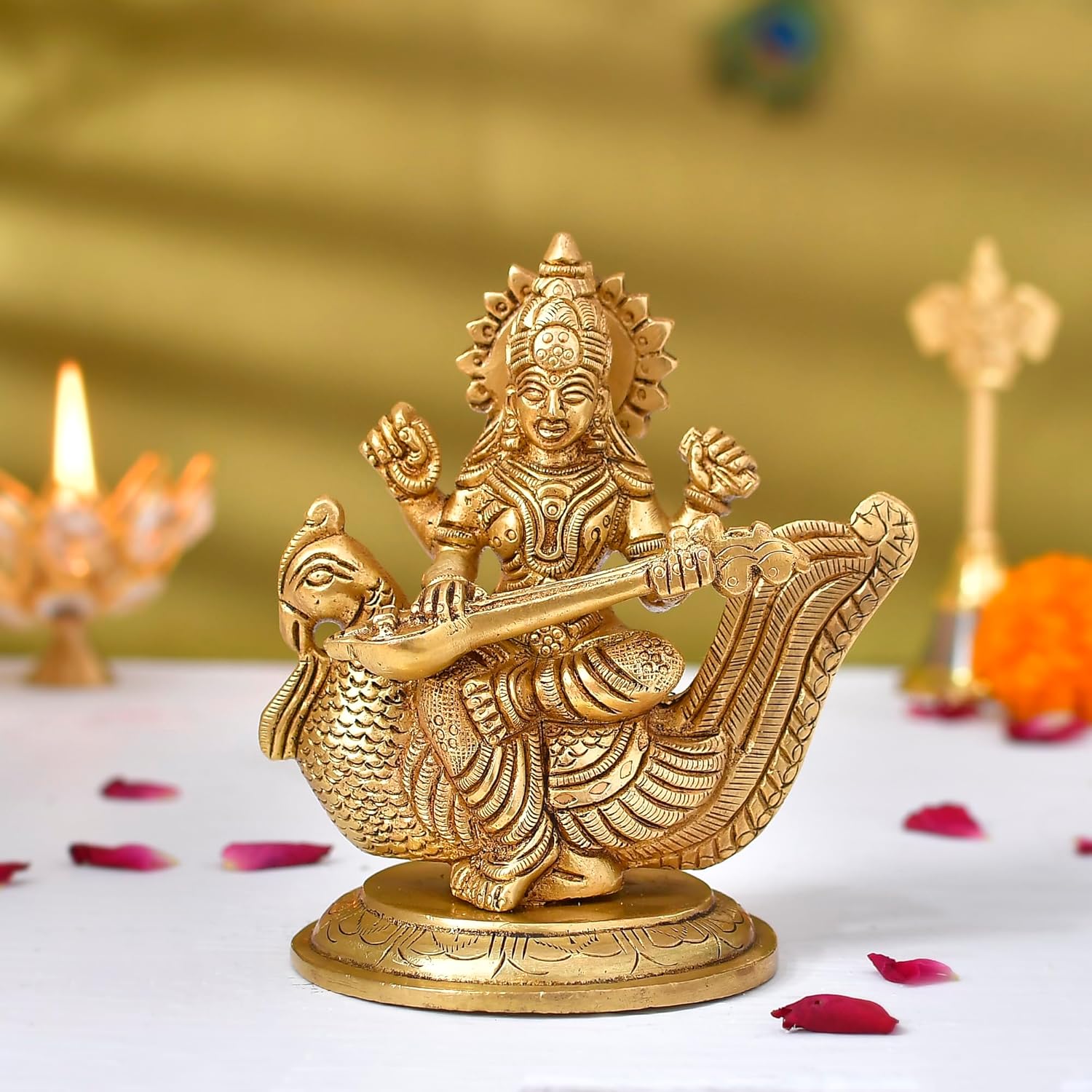 Pure Brass Maa Saraswati Sitting On Swan Idol, Devi Saraswathi Siddhi Statue
Pure Brass Maa Saraswati Sitting On Swan Idol, Devi Saraswathi Siddhi Statue
