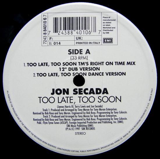 12inch Record JON SECADA - Too Late, Too Soon 8840106 EMI 1997 Italy Dance & Electronica Used
12inch Record JON SECADA - Too Late, Too Soon 8840106 EMI 1997 Italy Dance & Electronica Used
