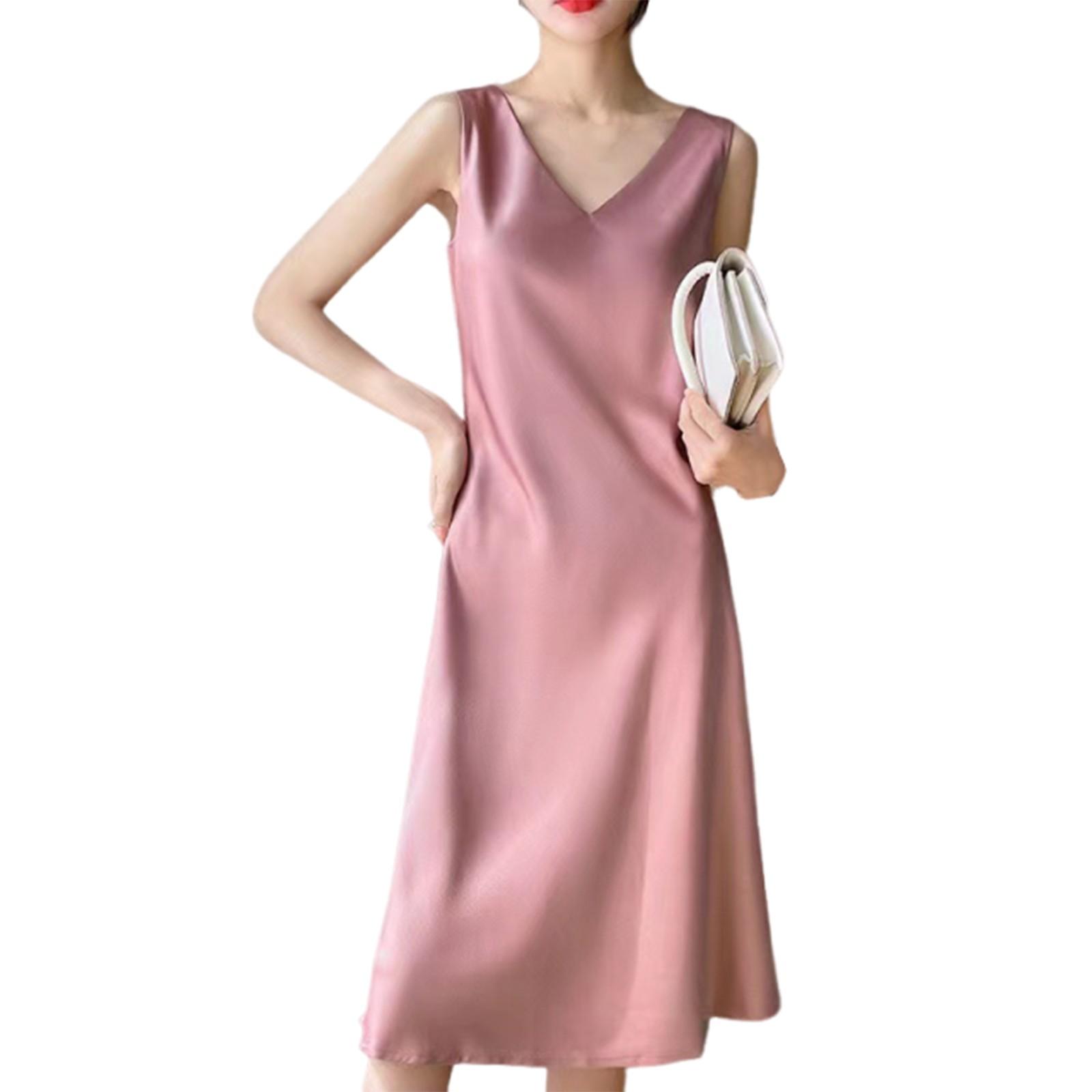 Женское платье из атласа, длинное до колена, летнее, большого размера, однотонная юбка с V-образным вырезом XL розовый