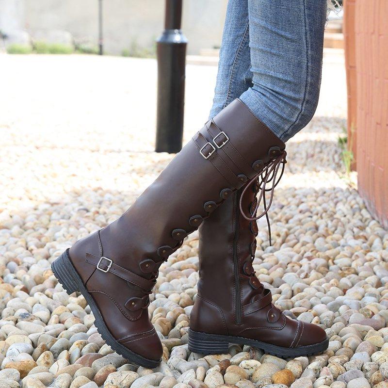 Модные женские ботфорты до колена Осень Зима Сексуальная стимпанк обувь Женская модная ретро обувь с пряжкой Удобные ботинки Женская обувь 43 коричневый