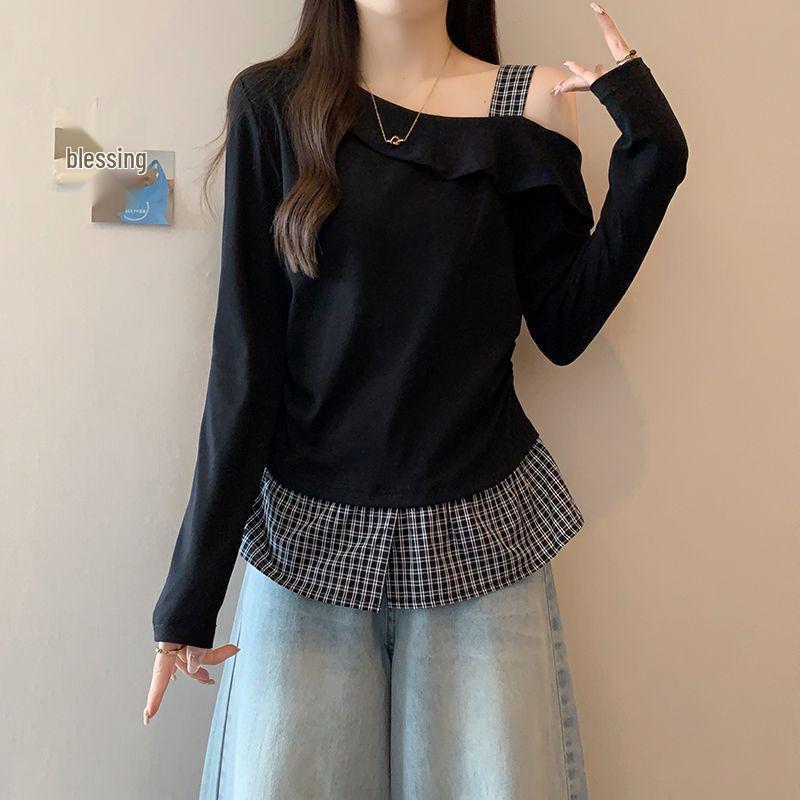 Plus Size Off-Shoulder Plaid Patchwork Asymmetrical Neck Long Sleeve Top - Slimming, Loose Fit for Spring and Autumn S (60-80 lbs) чорний
Plus Size Off-Shoulder Plaid Patchwork Asymmetrical Neck Long Sleeve Top - Slimming, Loose Fit for Spring and Autumn S (60-80 lbs) чорний