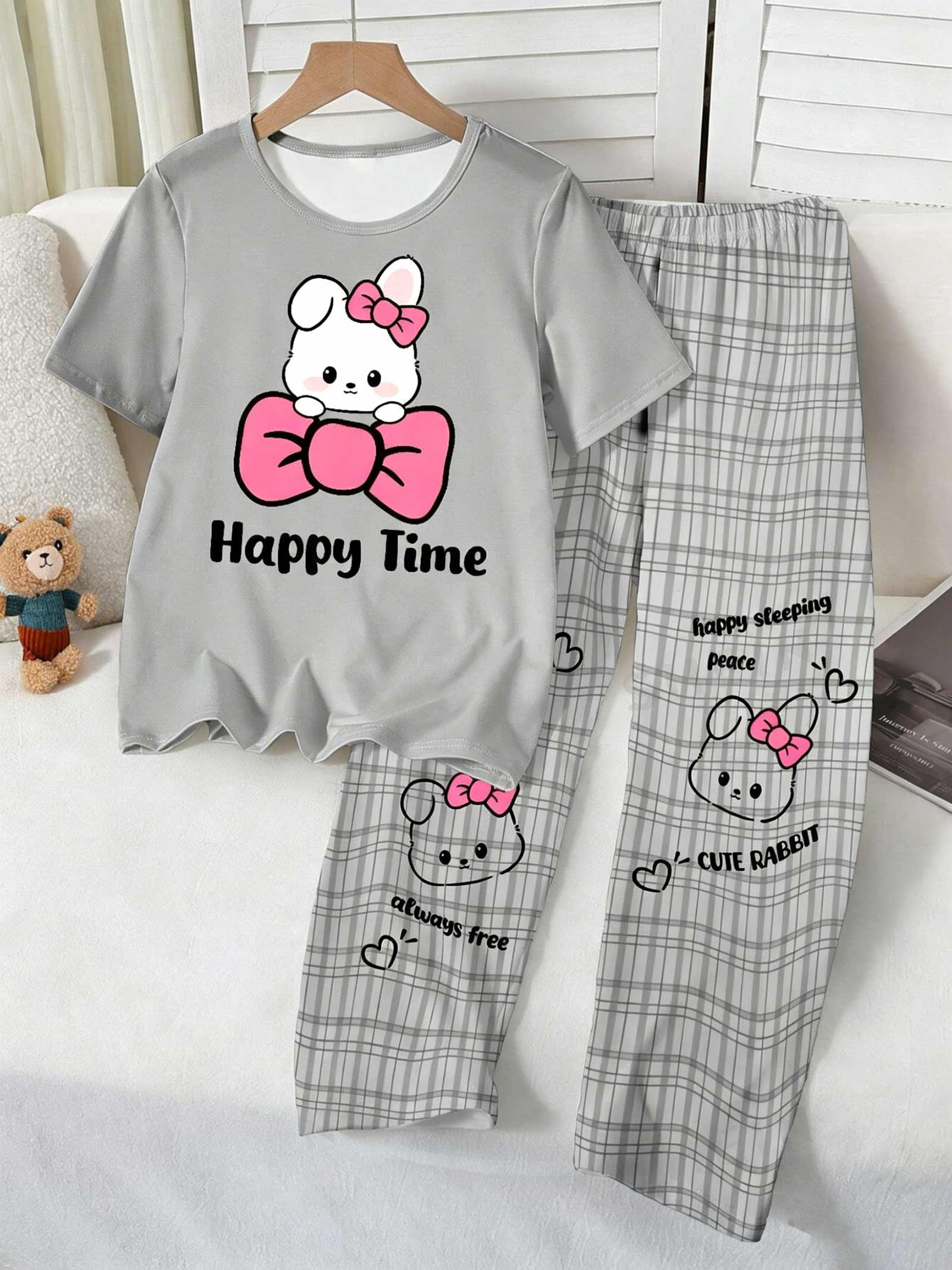 Girls Pajama Set, Cute Rabbit Print Short Sleeve Top & Plaid Pants, Soft Kids Loungewear Sleepwear for 8-12Y 12Y сірий
Girls Pajama Set, Cute Rabbit Print Short Sleeve Top & Plaid Pants, Soft Kids Loungewear Sleepwear for 8-12Y 12Y сірий