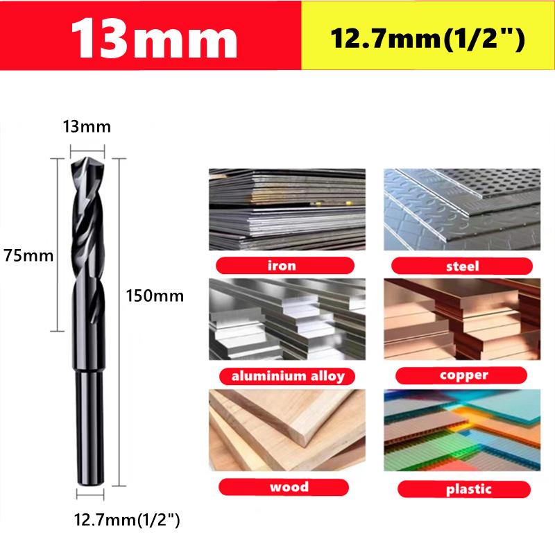 HSS reduced handle Fried Dough Twists drill 13~50mm, handle diameter 12.7mm 19.05mm (1/2 3/4 Inch) metal reaming drill
HSS reduced handle Fried Dough Twists drill 13~50mm, handle diameter 12.7mm 19.05mm (1/2 3/4 Inch) metal reaming drill