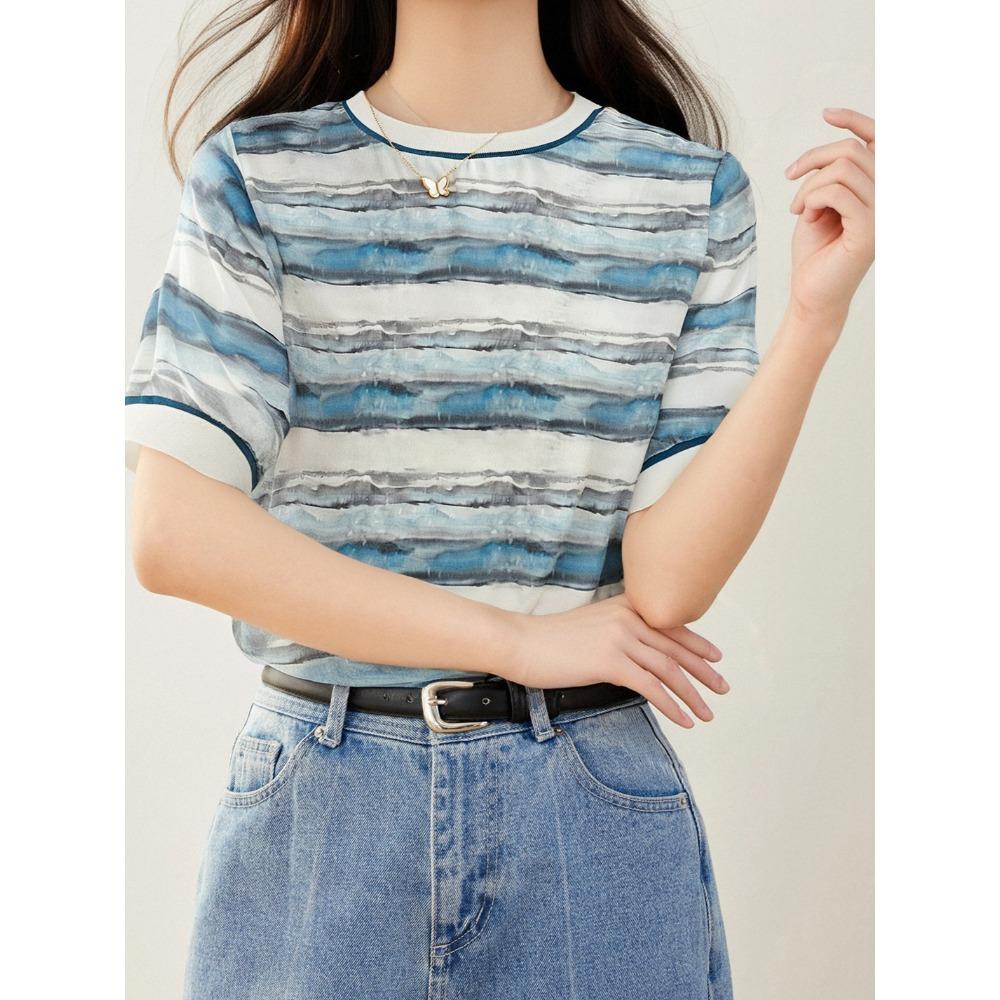 2026 Women s Summer New Ink Wash Striped Print Pullover Short Sleeve T-Shirt Fashion Retro Round Neck Loose Versatile Casual Top M
2026 Women s Summer New Ink Wash Striped Print Pullover Short Sleeve T-Shirt Fashion Retro Round Neck Loose Versatile Casual Top M