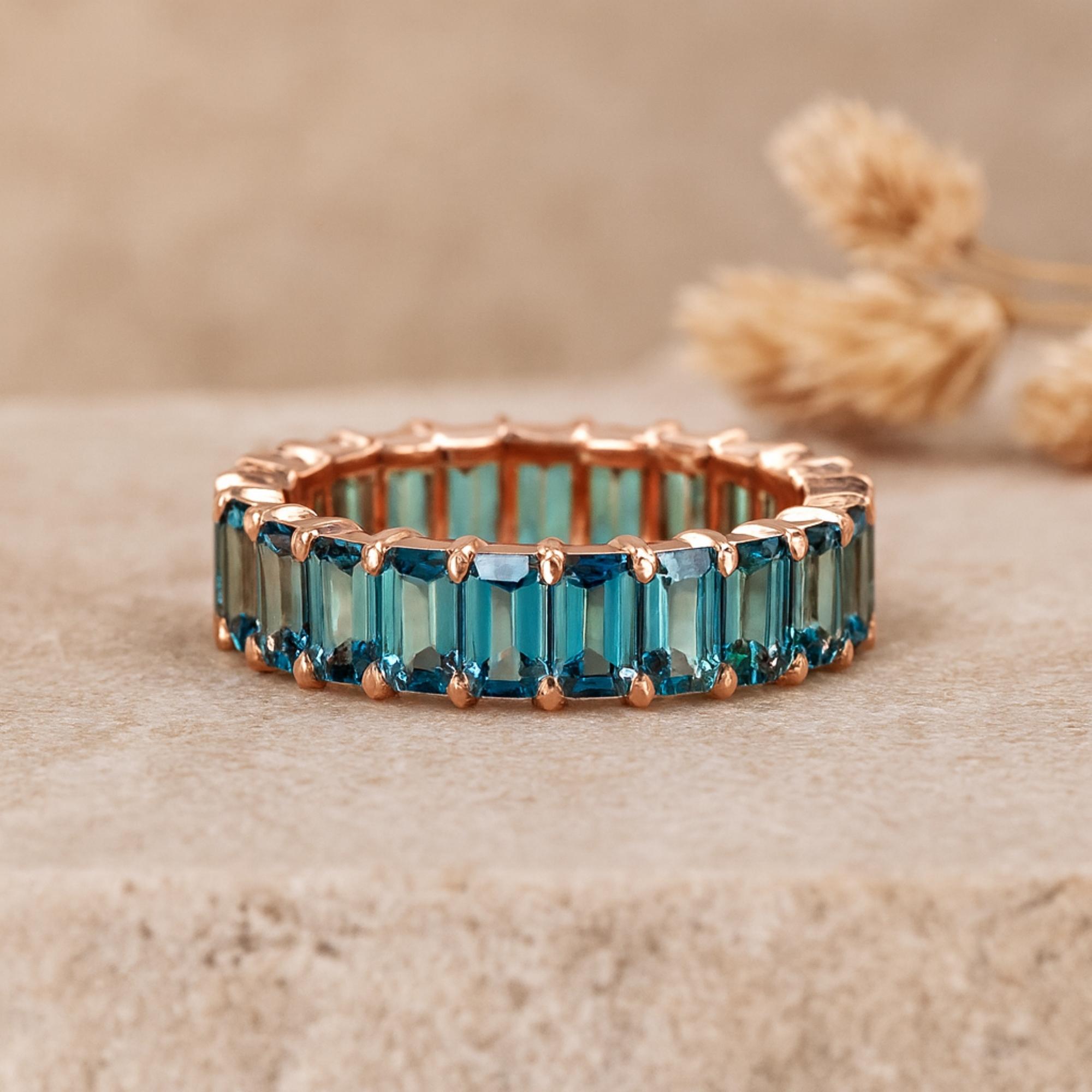 Кольцо-дорожка с топазами багетной огранки – Покрытое розовым золотом серебро 925 пробы, Штабелируемое кольцо на годовщину свадьбы - Ювелирное украшение в стиле ар-деко, подарок для нее Q розовый