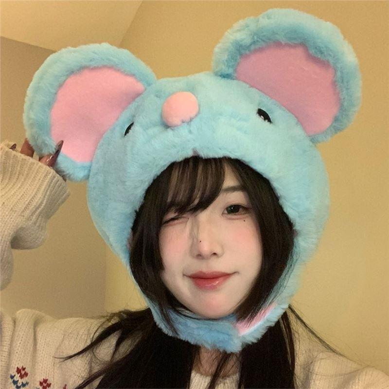 Милая плюшевая шапка в корейском стиле в виде голубой мышки с защитой ушей для женщин - Тепло на осень/зиму One Size