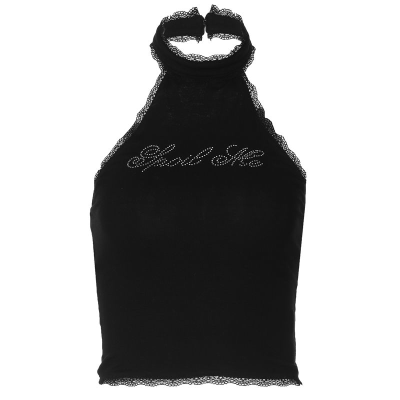 Print Slim Lace Stitching Short Top Halter Spaghetti Straps Black S
Print Slim Lace Stitching Short Top Halter Spaghetti Straps Black S