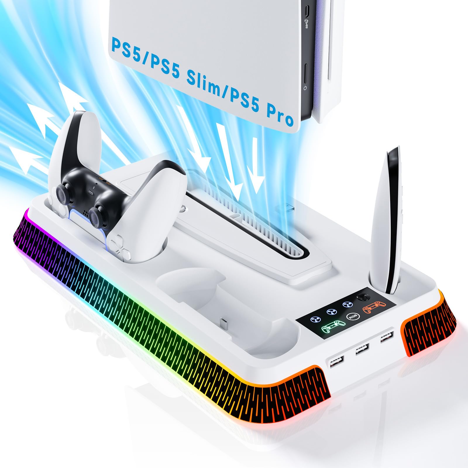 Вертикальна підставка, сумісна з PS5 Slim, сумісна з PS5, зарядна підставка для контролера PS5, багатофункціональна підставка для охолодження з вентилятором, одночасна зарядка 
Вертикальна підставка, сумісна з PS5 Slim, сумісна з PS5, зарядна підставка для контролера PS5, багатофункціональна підставка для охолодження з вентилятором, одночасна зарядка