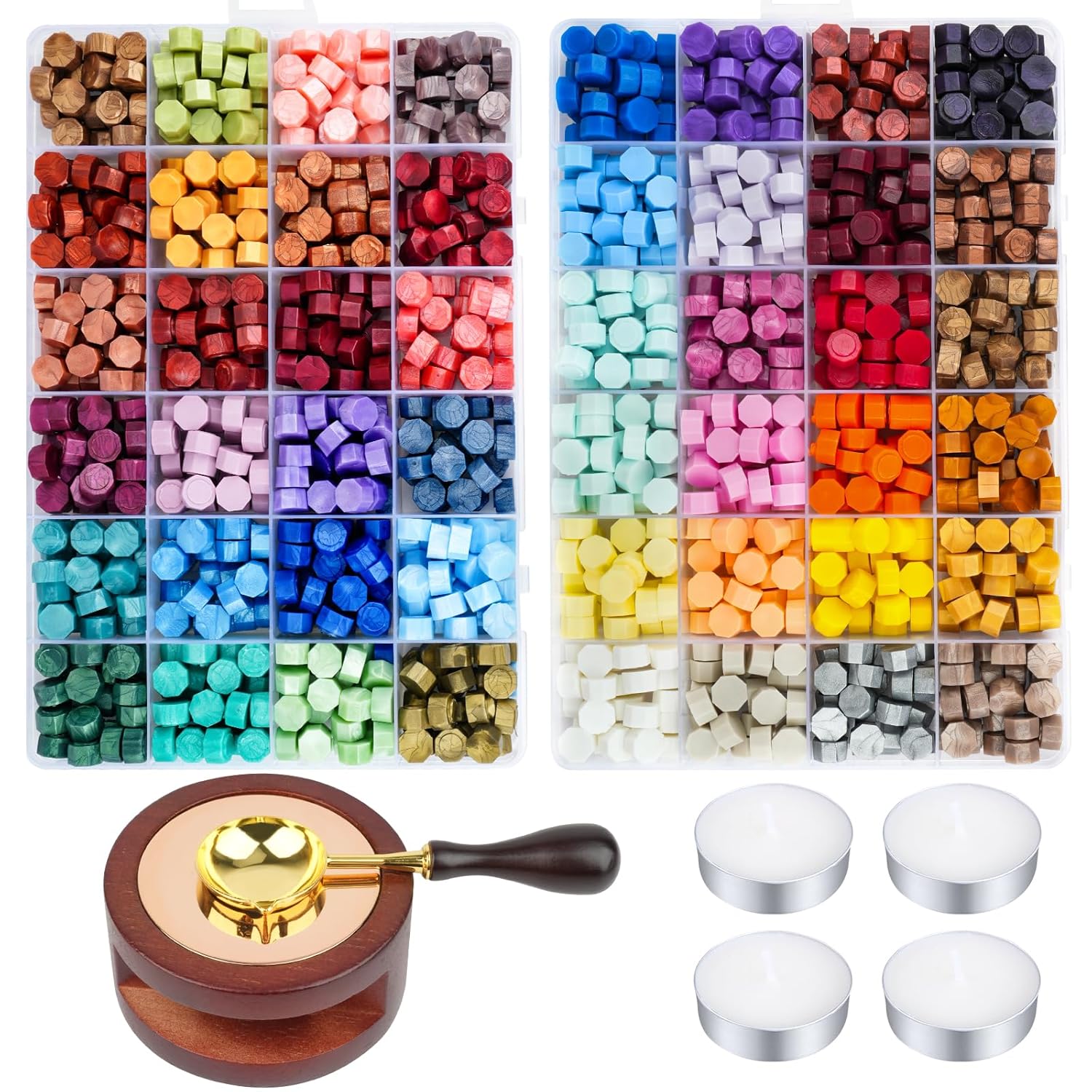 Wax Seal Kit, 48 Colors 1248 Pcs Sealing Beads with Melting Pot, Spoon, Tea Light Candles, Wax Seal Stamp Kit for Wedding
Wax Seal Kit, 48 Colors 1248 Pcs Sealing Beads with Melting Pot, Spoon, Tea Light Candles, Wax Seal Stamp Kit for Wedding