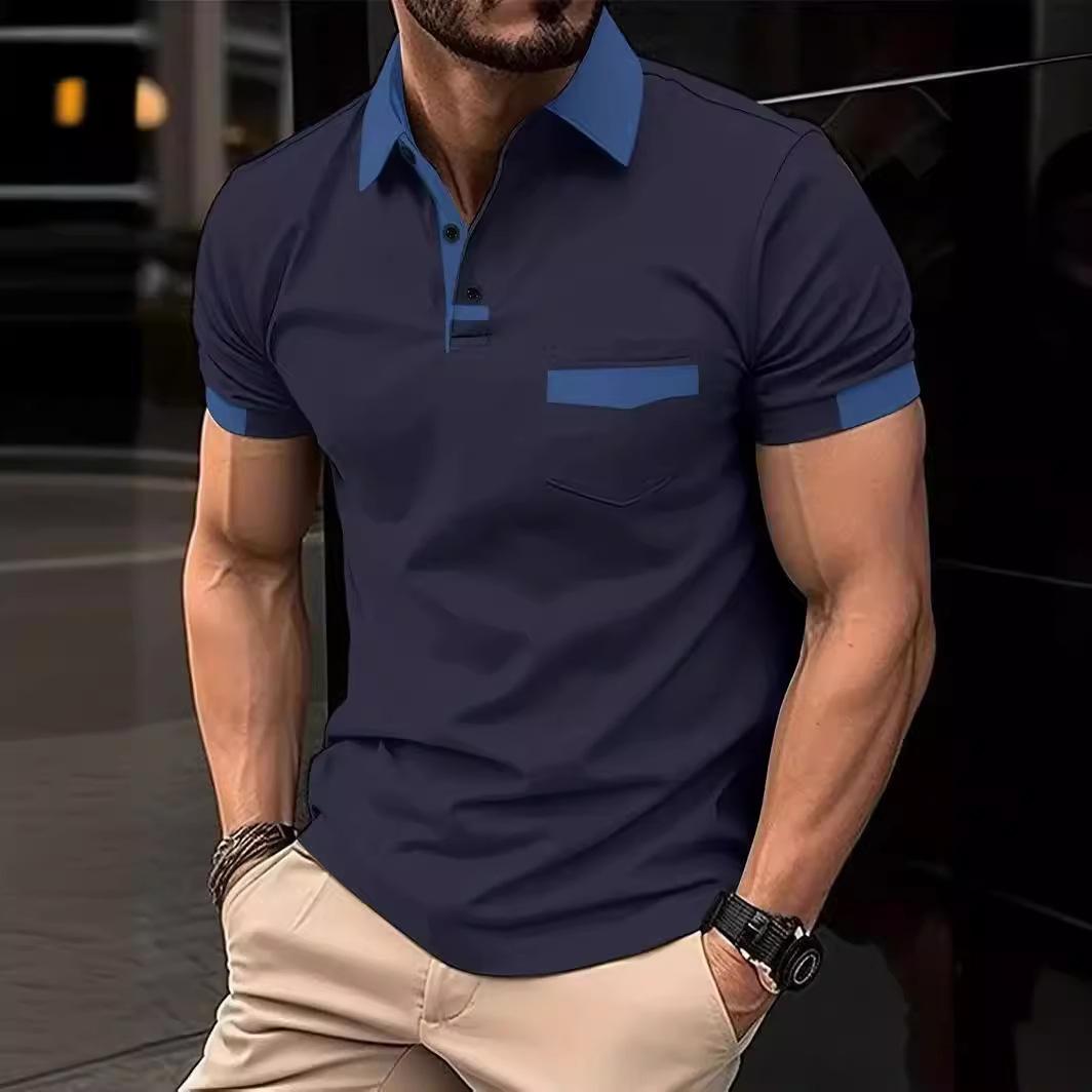 Модная мужская рубашка поло с карманами в стиле колор-блок, спортивная новая летняя рубашка поло XXL тёмно-синий