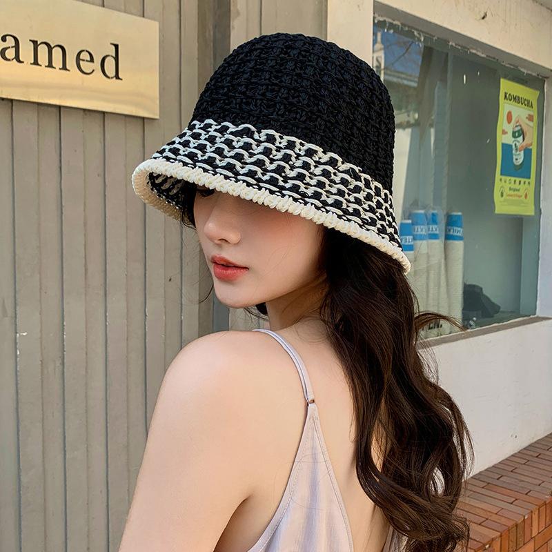 Пляжная корейская соломенная шляпа, летняя женская козырек, дышащая, шикарная, шляпа-ведро, кепка рыбака, ручная работа, кепка для рыбалки, солнцезащитный кепка для женщин