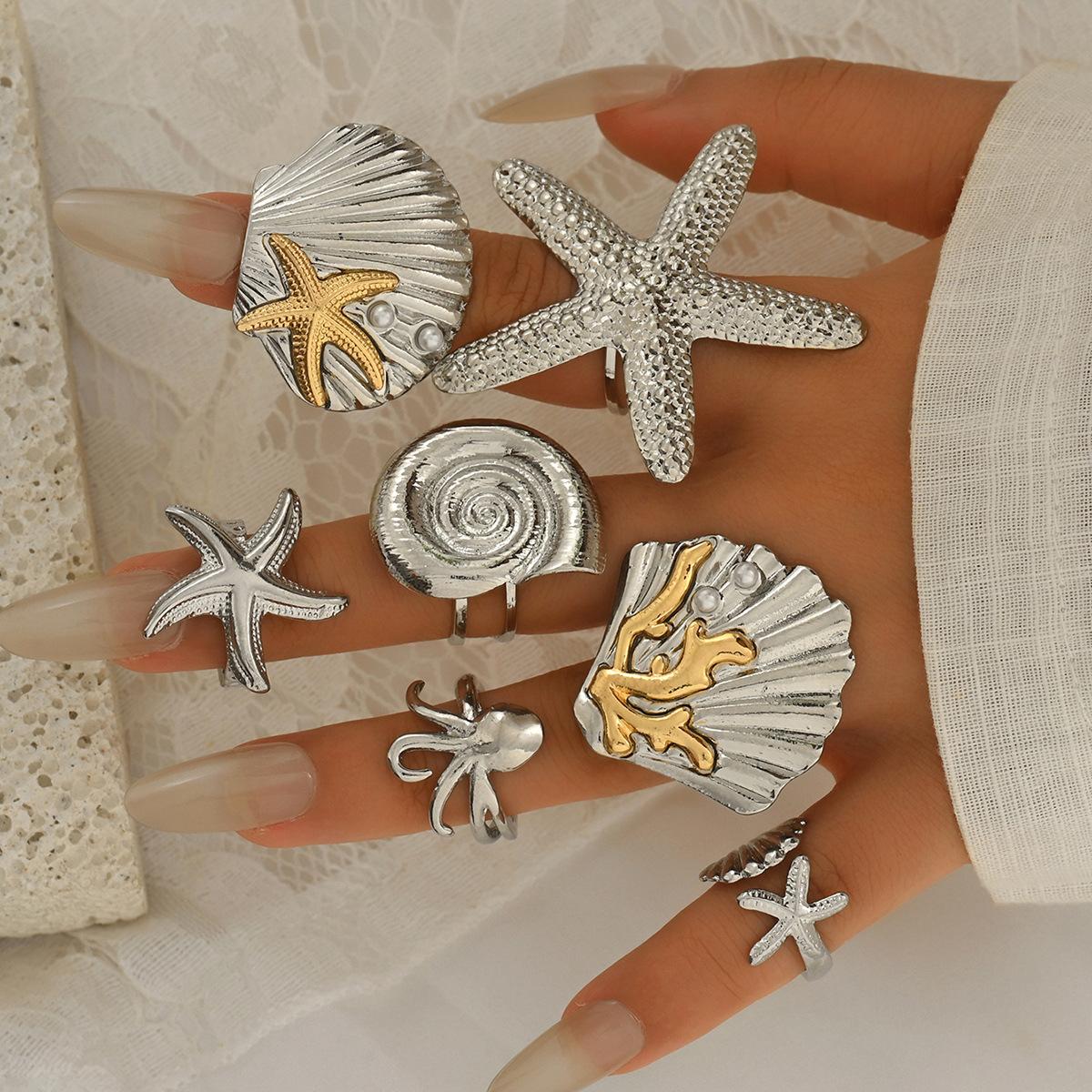 Starfish ring wholesale European and American jewelry ocean wind ins high-end ring 7-piece set conch open ring
Starfish ring wholesale European and American jewelry ocean wind ins high-end ring 7-piece set conch open ring