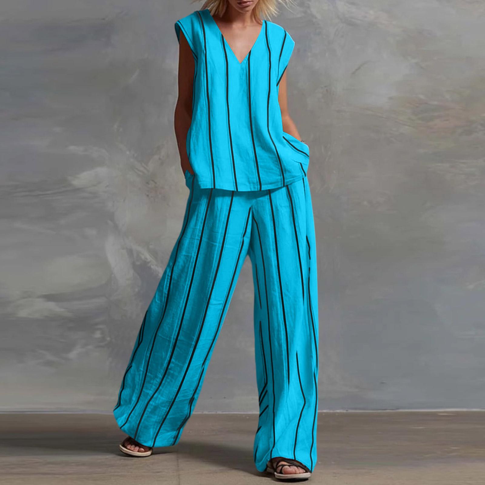 Women Casual Two Piece Set V Neck Sleeveless Top with Wide Leg Pants Striped Pattern Lightweight Summer Outfit M синій
Women Casual Two Piece Set V Neck Sleeveless Top with Wide Leg Pants Striped Pattern Lightweight Summer Outfit M синій