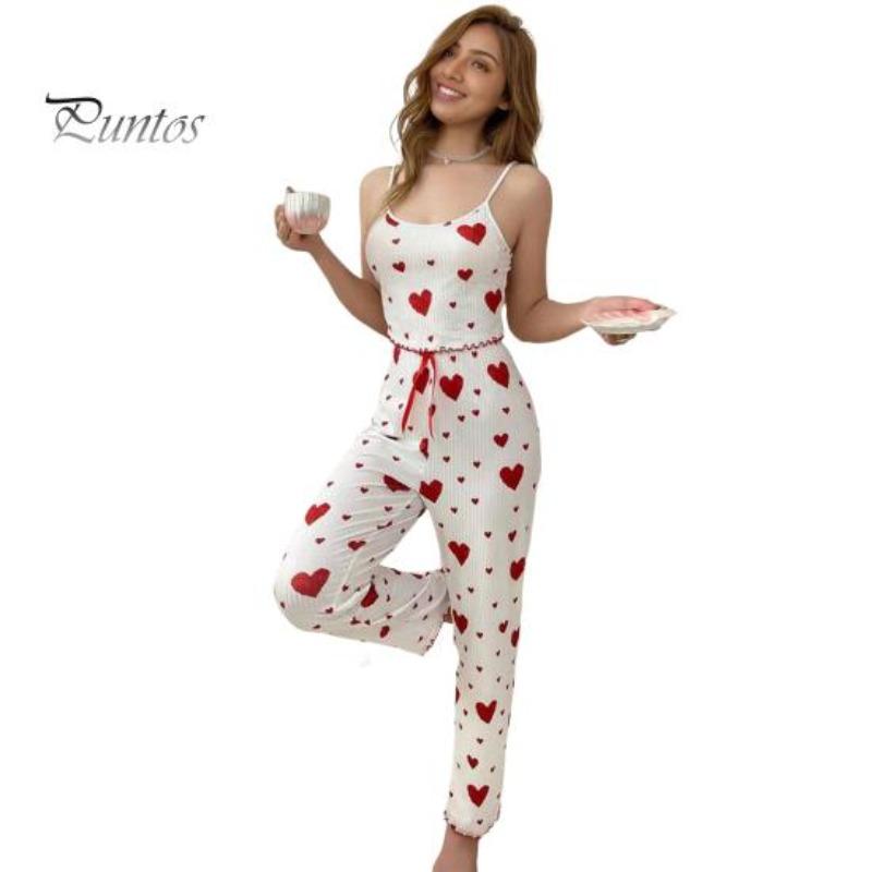 Pcs/Set Women Pajamas Suit Sleeveless Backless Shirring Top Heart Printing Elastic Waist Wide Leg Sleepwear Spring Fall Homewear Clothes M
Pcs/Set Women Pajamas Suit Sleeveless Backless Shirring Top Heart Printing Elastic Waist Wide Leg Sleepwear Spring Fall Homewear Clothes M