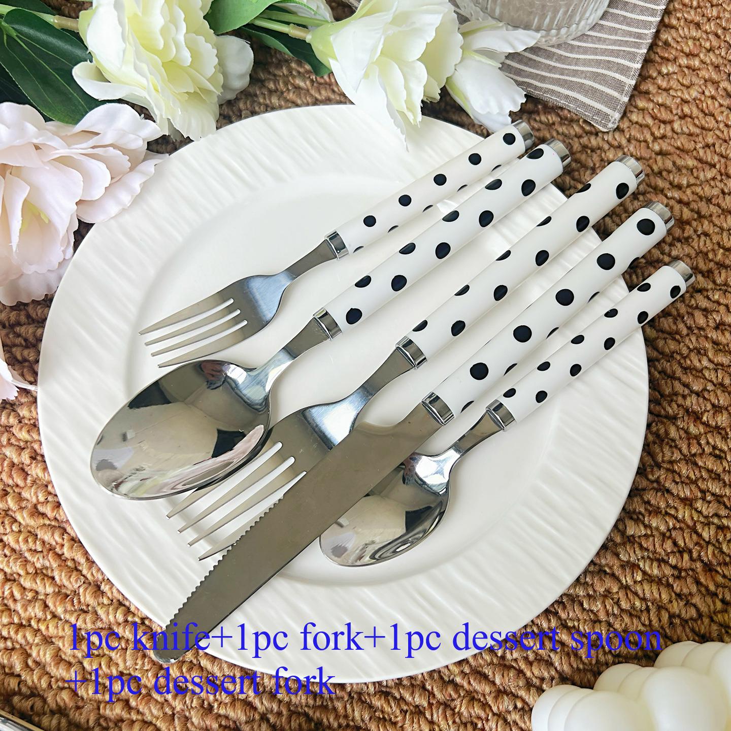 Black and white polka dot stainless steel knife, fork, spoon, household tableware set, cake,dessert,steak, pasta fork
Black and white polka dot stainless steel knife, fork, spoon, household tableware set, cake,dessert,steak, pasta fork