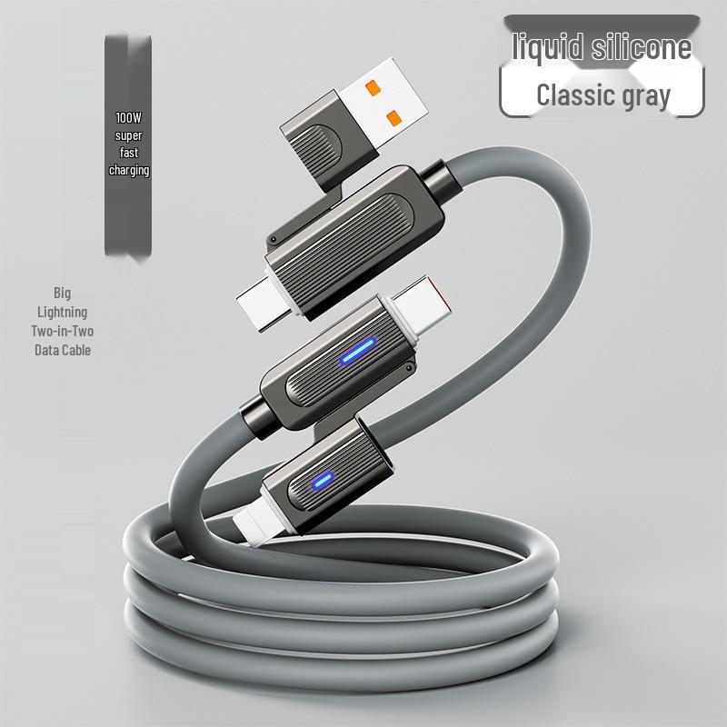 Silicone Dual-Port Four-in-One Fast Charging Data Cable, Compatible with Type-C, Apple & Huawei Phones. 1m 60W
Silicone Dual-Port Four-in-One Fast Charging Data Cable, Compatible with Type-C, Apple & Huawei Phones. 1m 60W