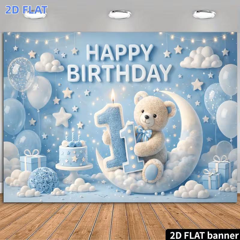 2D Blue Teddy Bear on Moon Happy 1st Birthday Backdrop with Cake & Gifts 47.2x31.5inch/120*80cm
2D Blue Teddy Bear on Moon Happy 1st Birthday Backdrop with Cake & Gifts 47.2x31.5inch/120*80cm