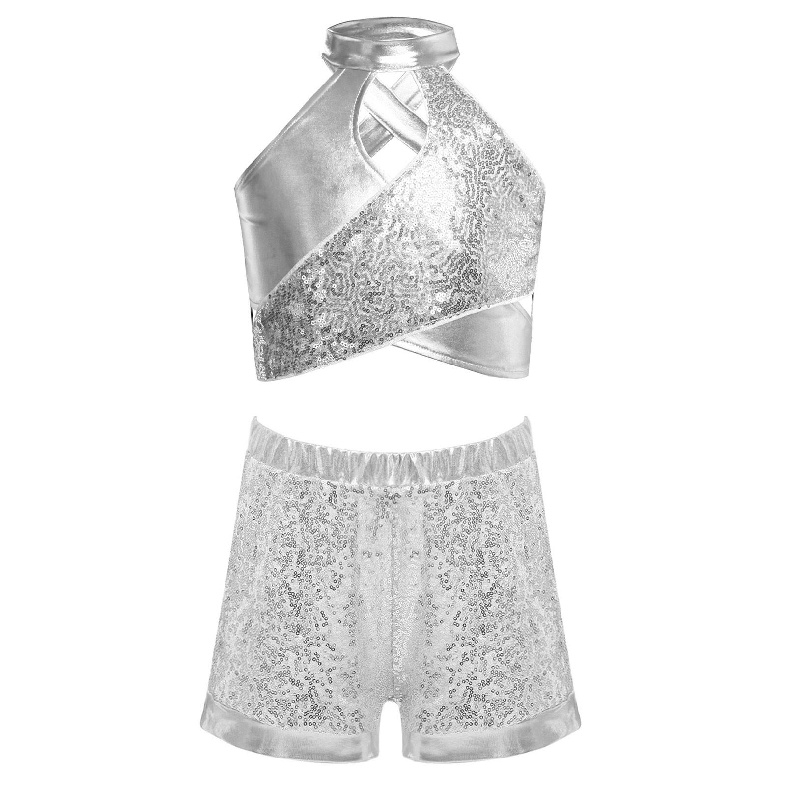 Girls Sparkly Sequins Jazz Crop Top Cross Keyhole Design Metallic Shorts Elastic Waist Dance Outfit срібний
Girls Sparkly Sequins Jazz Crop Top Cross Keyhole Design Metallic Shorts Elastic Waist Dance Outfit срібний