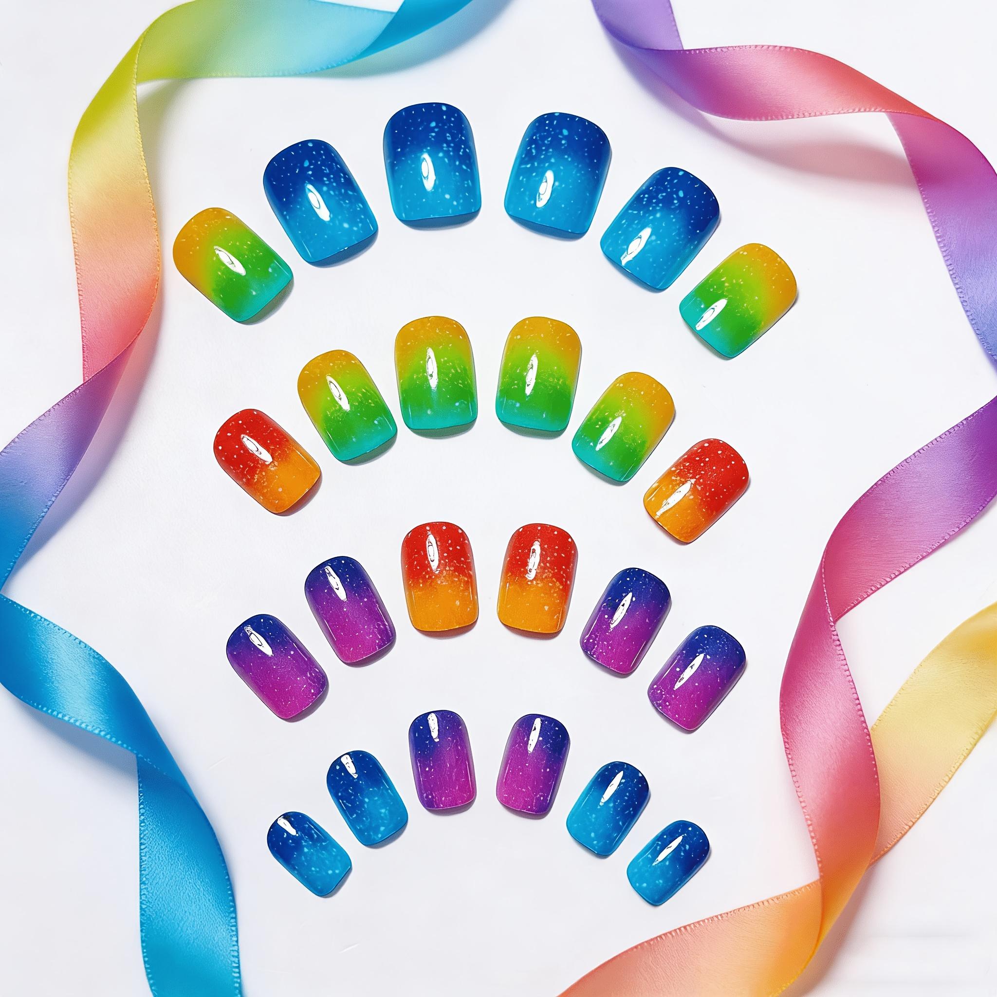 24-Piece Set of Short Rainbow-Patterned Nail Stickers: Summer Multi-Color Stripes, Sweet & Edgy Style, Square-Shaped Fake Nails.
24-Piece Set of Short Rainbow-Patterned Nail Stickers: Summer Multi-Color Stripes, Sweet & Edgy Style, Square-Shaped Fake Nails.