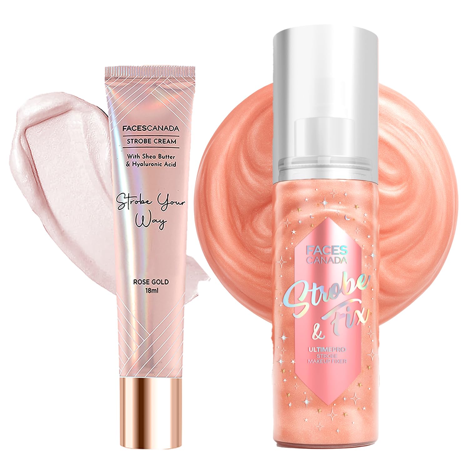 FACES CANADA Strobe Glow & Fix Duo | Strobe Cream - Rose Gold (18ml) + Ultime Pro Strobe Makeup Fixer (50ml) | Primer + Highlighter + Moisturizer
FACES CANADA Strobe Glow & Fix Duo | Strobe Cream - Rose Gold (18ml) + Ultime Pro Strobe Makeup Fixer (50ml) | Primer + Highlighter + Moisturizer